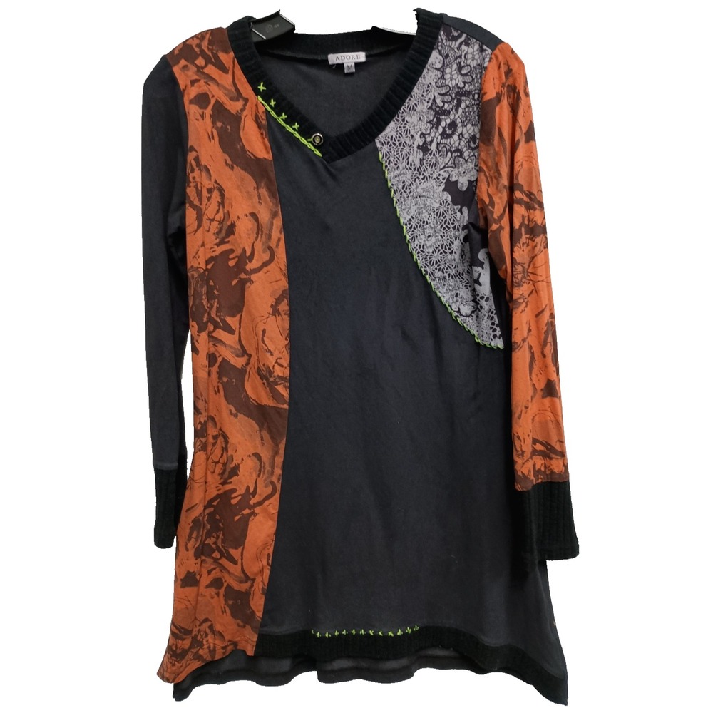 Adore Tunic Top Womens Medium Black Orange Faux Suede Wearable Art Patchwork